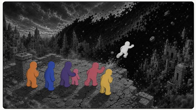 A colorful group of cartoon figures stands on a stone platform overlooking a dark, dramatic cosmic landscape, while one small white figure appears to leap into a swirling vortex of stars and debris. The vibrant characters contrast strikingly with the grayscale, apocalyptic background, evoking themes of journey and discovery that align with the promotional post about the upcoming biwls NFT collection and its lore.