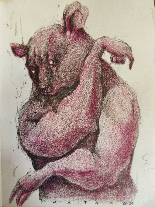 A colored pencil drawing depicts a hunched, melancholic creature with rabbit-like ears and a muscular, human-like body, rendered in pink and dark tones on a cream background. Signed "MALTΛK 2020" at the bottom, the artwork's somber posture and haunting expression evoke the introspective, collectible emotion referenced in the caption "A feeling you can collect."