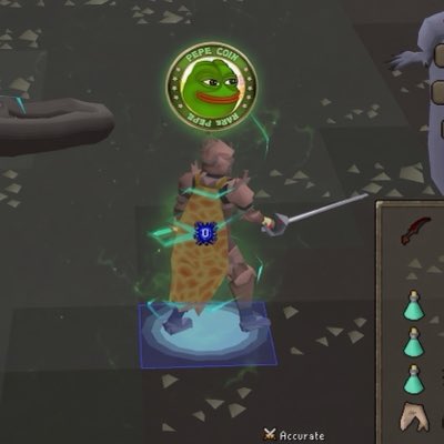 A character wearing a cheese-patterned outfit stands on a glowing blue platform holding a sword, with a 'PEPE COIN' token featuring a Pepe the Frog icon floating above their head.