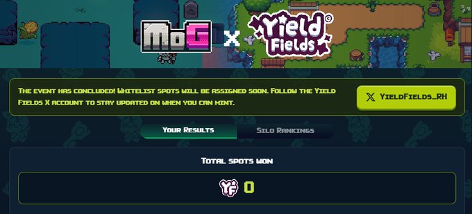 A screenshot of a webpage showing a collaboration between 'MoG' and 'Yield Fields', with text stating 'The event has concluded. Waitlist spots will be assigned soon' and 'Total spots won: 0'.