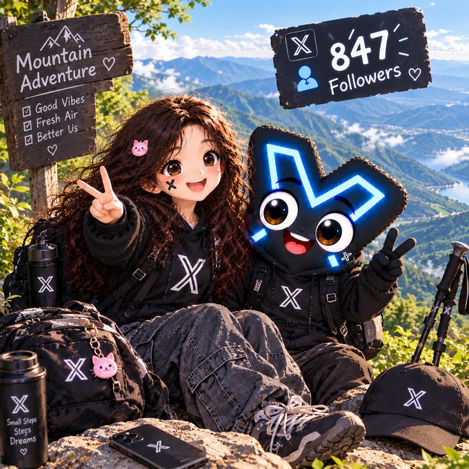 An illustrated chibi-style image showing two characters posing on a mountain, one with a pink cat emoji and the other with a glowing blue X logo face; signs read 'Mountain Adventure' and '847 Followers' with various X-branded merchandise scattered around.