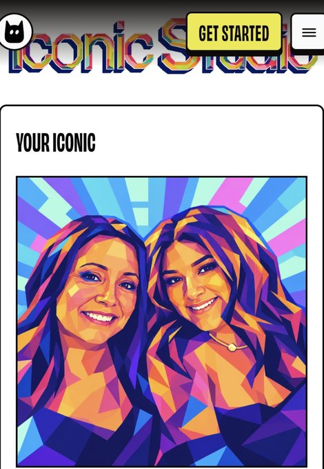 A promotional graphic for 'Iconic Studio' showing a 'YOUR ICONIC' stylized pop-art portrait of two smiling women with long hair against a colorful radiating background, featuring a 'GET STARTED' button at the top.