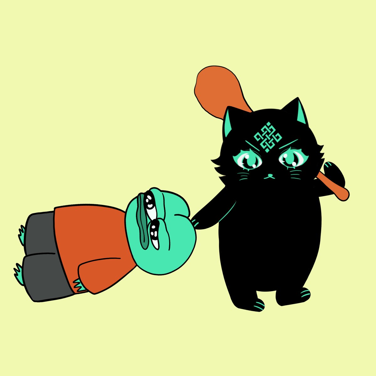The image features two cartoon characters - one cat with green eyes and a black body holding an orange stick, and another cat with blue eyes and a black body lying down. The cat on the left appears to be angry or upset, while the other cat seems relaxed. The scene is set against a yellow background, which contrasts with the colorful characters and adds depth to the image.