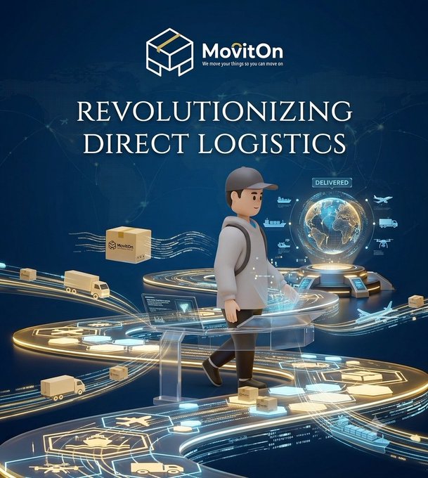 A promotional graphic for 'MovitOn' with the tagline 'We move your things so you can move on' and the headline 'REVOLUTIONIZING DIRECT LOGISTICS', featuring a 3D illustration of a delivery worker with a digital global logistics network.