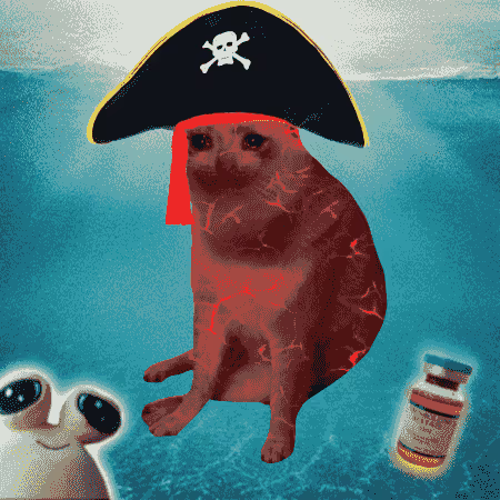A digital artwork featuring a red dog character wearing a pirate hat, accompanied by a frog and a medicine bottle against a blue underwater-style background.