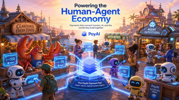 The image features an advertisement for a new payment system called "PAYAI" that connects humans and agents through a network of payment infrastructure. The advertisement includes a cartoon illustration of a town with various buildings and people, as well as text explaining the benefits of using PAYAI. The main focus is on how this payment system can help humans and agents work together more efficiently by providing a smoother way to pay, receive, buy, sell, and transfer funds.