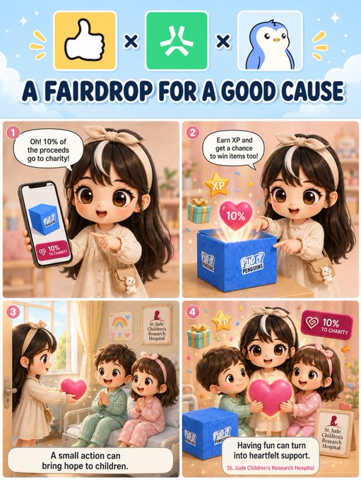A promotional graphic titled 'A FAIRDROP FOR A GOOD CAUSE' featuring cartoon illustrations of a girl with a thumbs-up, person, and penguin logo, advertising that 10% of proceeds go to St. Jude Children's Research Hospital.
