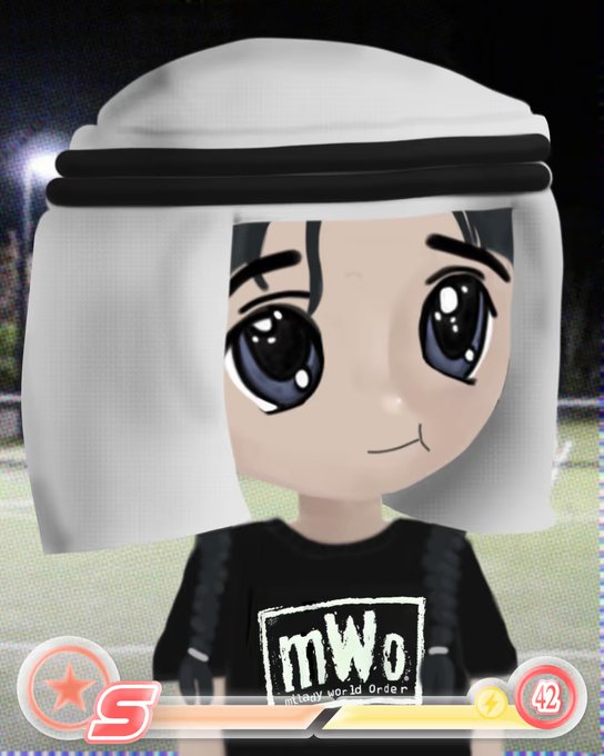 An animated character with large eyes wearing a white head covering and a black t-shirt that reads "mWo - musta world order" appears in a game-style frame with a level 42 indicator.