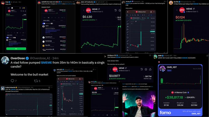 A collage of cryptocurrency trading screenshots shows posts from accounts like Overdose, SVDNS, Omnia, and OASIS discussing tokens including MEME ($0.130), a Bitcoin Binance Coin mention, and a Vladimir Coin (VladimirPutin) screenshot featuring "+38,817.18 +24.87%".