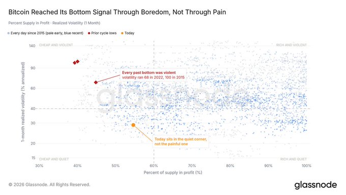 A Glassnode chart titled 'Bitcoin Reached Its Bottom Signal Through Boredom, Not Through Pain' showing 1-month realized volatility vs percent supply in profit, highlighting past violent bottoms and today's quiet state.