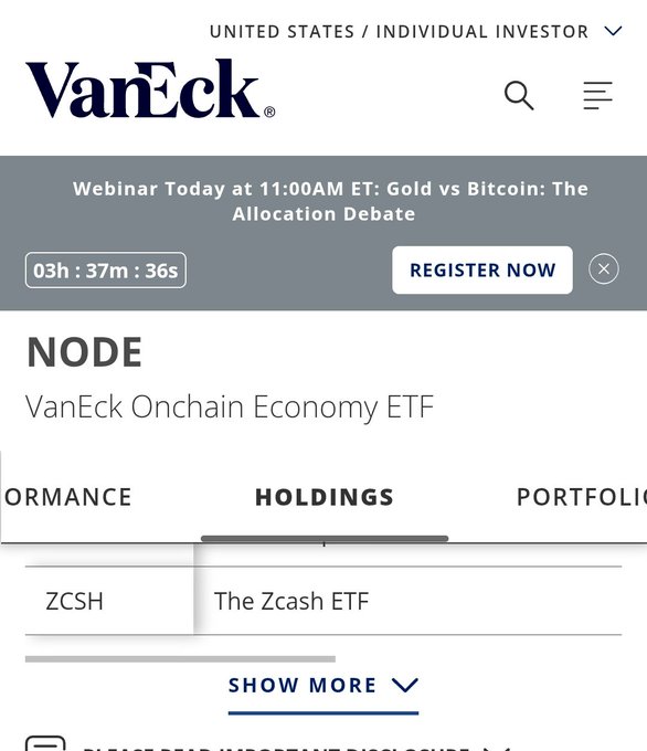 A screenshot of VanEck's website page for the "NODE - VanEck Onchain Economy ETF" shows a countdown timer reading "03h : 37m : 36s" for a webinar titled "Gold vs Bitcoin: The Allocation Debate," alongside a "SHOW MORE" section revealing related holdings including "ZCSH - The Zcash ETF," which directly relates to the post's prediction that VanEck will be the next to drop a Zcash ETF.