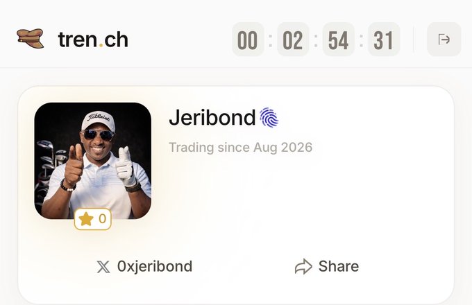 A countdown timer on tren.ch shows 2 hours, 54 minutes, 31 seconds remaining, alongside a user profile for "Jeribond" (@0xjeribond), who has been "Trading since Aug 2026" and earned 0 stars. The image serves as a promotional call-to-action, urging viewers to click the linked profile and connect their X accounts before the countdown expires.