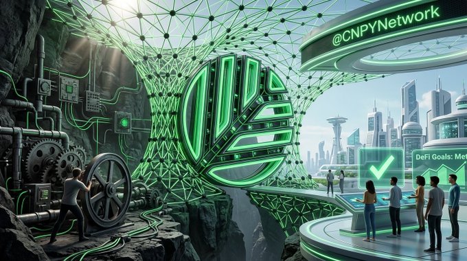 A futuristic digital illustration featuring a glowing green geometric network surrounding a metallic structure, with the text '@CNPYNetwork' and 'DeFi Goals: Met' visible alongside figures interacting with technology and a futuristic cityscape in the background.