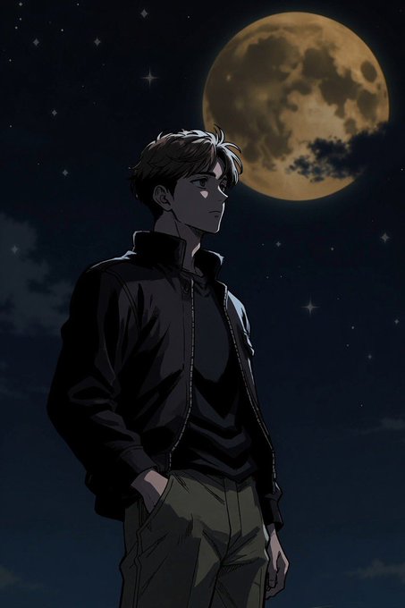 Anime-style illustration of a young man in a dark jacket looking up at a large full moon against a starry night sky.