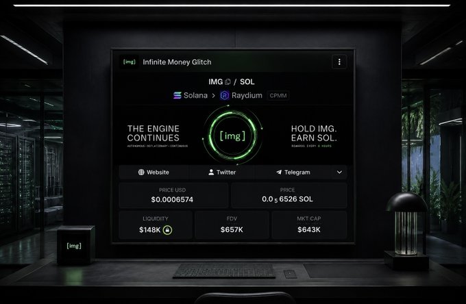 A computer monitor displays the "Infinite Money Glitch" (IMG) cryptocurrency token trading page on Solana/Raydium CPMM, showing a price of $0.0006574, price of 0.06526 SOL, liquidity of $148K, FDV of $657K, and market cap of $643K.