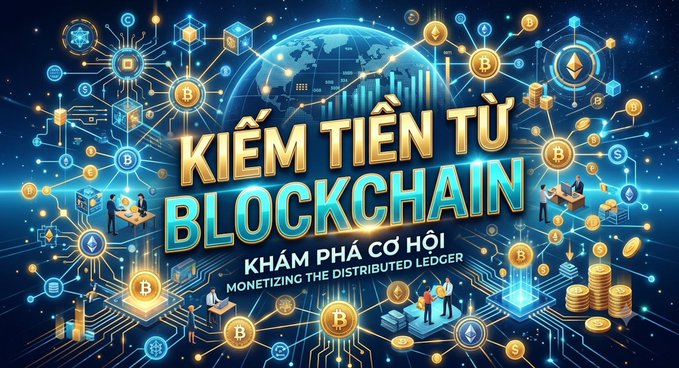A promotional graphic titled 'KIẾM TIỀN TỪ BLOCKCHAIN' (Making Money from Blockchain) with the subtitle 'KHÁM PHÁ CƠ HỘI MONETIZING THE DISTRIBUTED LEDGER', featuring a glowing blue globe surrounded by cryptocurrency coins, digital circuits, and Bitcoin logos.