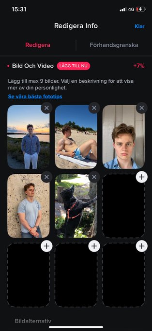A Swedish-language Tinder profile editing screen ('Redigera Info') showing photo uploads of a young man at various locations, with a prompt allowing up to 9 photos and a +7% indicator.
