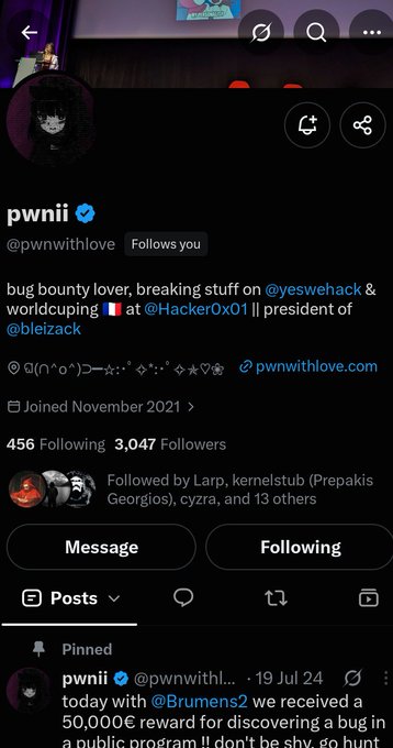 Twitter/X profile for 'pwnii' (@pwnwithlove), a verified bug bounty user who describes themselves as 'bug bounty lover, breaking stuff on @yeswehack & worldcuping at @Hacker0x0 || president of @bleizack,' with 3,047 followers.