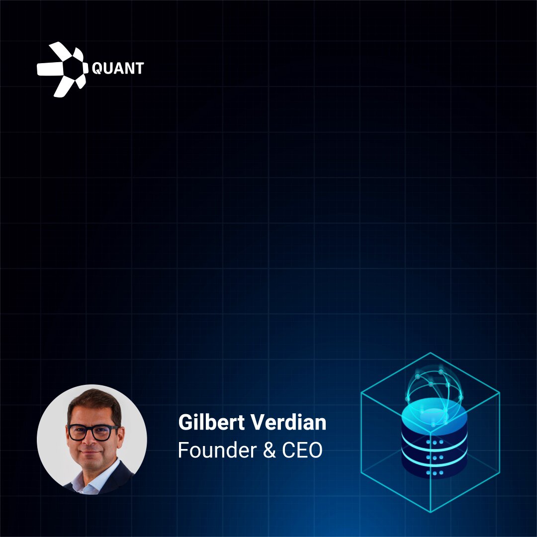 "The fragmentation problem at the centre of tokenised finance is why interoperability infrastructure is the enabling condition for everything else". The post is talking about the importance of a unified system that allows different financial institutions to work together more efficiently, specifically discussing the role of central banks and commercial banks in this process. The image shows Gilbert Verdian, the founder & CEO of Quant, standing next to a block cube on which there are three dots representing the three layers required for digital money transactions: tokenisation at the bottom, interoperability infrastructure in between, and tokenisation again at the top.