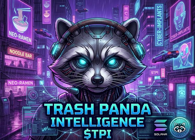 A cyberpunk-style promotional graphic for the $TPI meme coin featuring a robotic raccoon (trash panda) with glowing blue eyes and headphones against a neon-lit futuristic cityscape with "Neo-Ramen" signage and "Cyber-Implants" holograms, displaying the token name "Trash Panda Intelligence $TPI" to advertise the current Solana presale offering 10M tokens per 1 SOL.