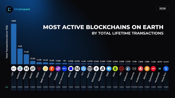 A ChainSpect bar chart titled "Most Active Blockchains on Earth by Total Lifetime Transactions" ranks ICP at the top with 293B transactions, followed by Solana (114B) and Hedera (71.2B), visually reinforcing the post's claim that ICP leads all major blockchains by lifetime transaction volume.