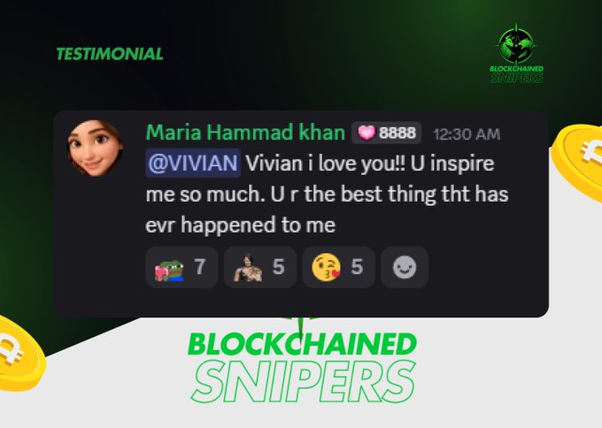 The image displays a testimonial screenshot from "BLOCKCHAINED SNIPERS" featuring Maria Hammad Khan's heartfelt message "Vivian i love you!! U inspire me so much. U r the best thing tht has evr happened to me" at 12:30 AM, tagged with 8888 likes and emoji reactions, illustrating the supportive community referenced in the accompanying post about not trading alone.