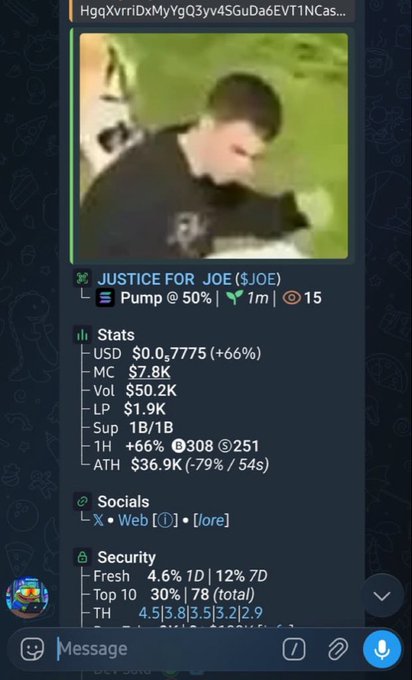 A Telegram bot interface displaying a cryptocurrency token called JUSTICE FOR JOE ($JOE) with pump stats showing a 66% gain, market cap of $7.8K, and volume of $50.2K.