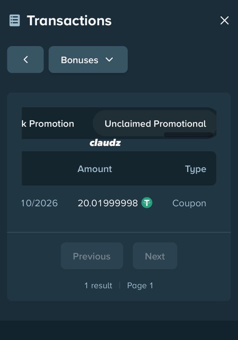 The image shows a Stake.com "Transactions" page filtered by "Bonuses," displaying one unclaimed promotional coupon of approximately 20.01 USDT from 10/2026, which the poster cites as proof of claiming a share of Stake's $1 million giveaway from a recent stream.