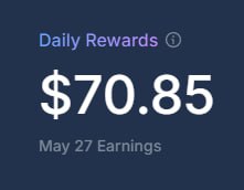 The image shows a post about daily rewards, specifically mentioning that $70 has been earned for May 27 earnings. The post also mentions that there are 7 AM and 7 PM times available for grinding. The text "gPoly" appears multiple times throughout the post, which could be related to Polymarket or another similar platform where users can earn rewards by grinding tasks at specific times.