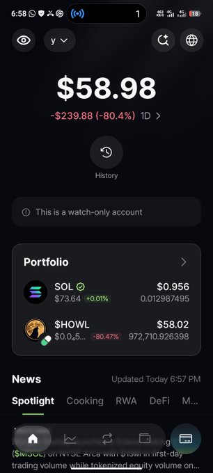 A cryptocurrency portfolio app showing a total balance of $58.98 (down 80.4% or -$239.88), with holdings in SOL and SHOWL.