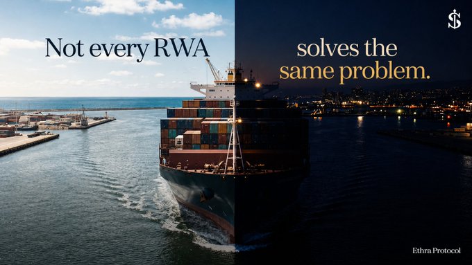 A split-image advertisement showing a cargo ship during day and night, with the text 'Not every RWA solves the same problem.' branded by Ethra Protocol.