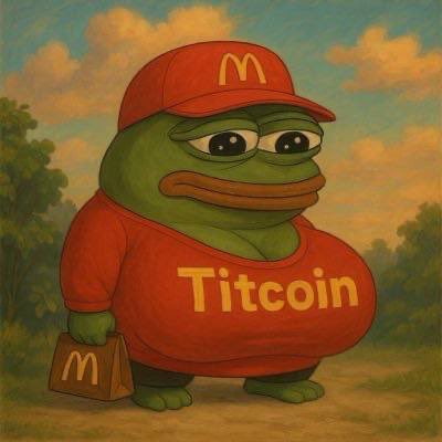 A painting-style illustration of Pepe the Frog wearing a red McDonald's uniform, a red cap with the golden 'M' logo, and a shirt reading 'Titcoin', while carrying a brown fast-food bag.