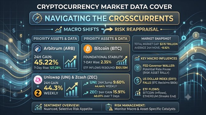 A detailed infographic titled 'CRYPTOCURRENCY MARKET DATA COVER' showing market data for Arbitrum (ARB), Bitcoin (BTC), Uniswap (UNI), and Zcash (ZEC) with a total market cap of $2.15 trillion.