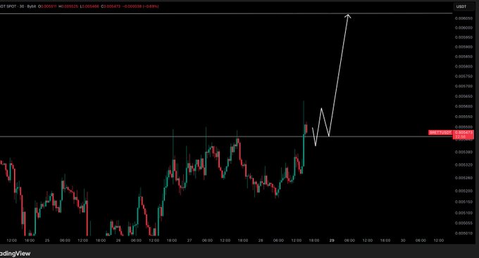 A 30-minute TradingView chart of GT (possibly Brett) against USDT shows the price around 0.006470–0.006471, with a hand-drawn white arrow projecting a bullish breakout upward from the current consolidation level, aligning with the post's call for a hold and pump.