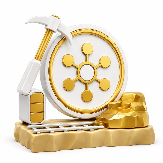 A 3D-rendered gold and white mining emblem featuring a pickaxe, a coin marked with a node/connection symbol, and gold ore on rocky terrain with minecart tracks. The image visually reinforces the post's message about easy, one-click crypto mining, illustrating the "start mining Strings today" call-out with classic mining iconography to suggest accessible digital token rewards.