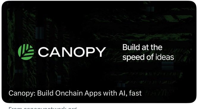 A promotional banner for Canopy with a green leaf logo, reading 'Build at the speed of ideas' and 'Canopy: Build Onchain Apps with AI, fast', from canopynetwork.org.