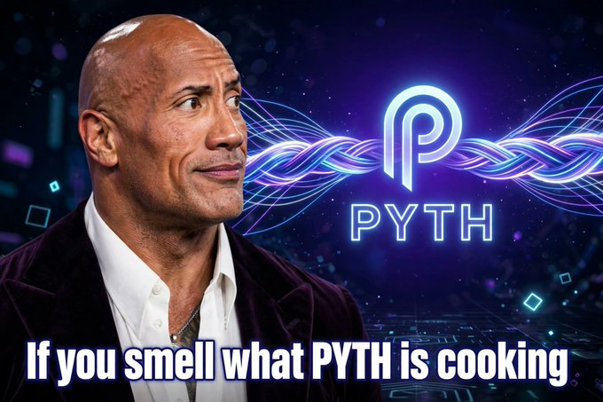 A meme featuring Dwayne "The Rock" Johnson with the text "If you smell what PYTH is cooking" overlaid on a digital background containing the Pyth Network logo and ticker "PYTH." The image uses a popular pop-culture reference to humorously suggest that the Pyth Network is delivering significant value or "cooking up" something impressive in the market data space.