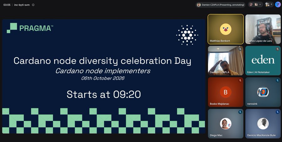 The image shows a virtual meeting titled "Cardano node diversity celebration Day - Cardano node implementers" hosted on October 6th, 2026, starting at 09:20, featuring participants including Damien CZAPLA, Matthias Benkort, Carlos Lopez de Lara, Bosko Majdanac, and nerosink. This relates to the post as it captures a moment from the Node Diversity Celebration Day event in Singapore, where the teams behind Cardano's independent node implementations gathered virtually alongside in-person attendees.