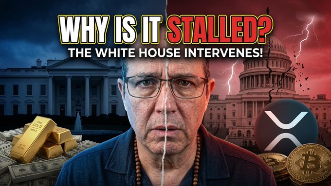 A YouTube thumbnail showing a man's face split between the White House and US Capitol with text 'WHY IS IT STALLED? THE WHITE HOUSE INTERVENES!' alongside gold bars, cash, and XRP cryptocurrency imagery.