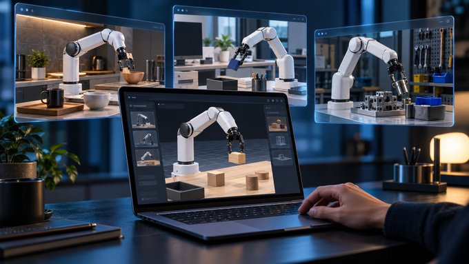 A person using a laptop displaying 3D modeling software of a robotic arm, with multiple floating screens showing the robot arm performing tasks in various environments including a kitchen and workshop.