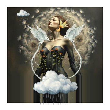 A fantasy digital artwork depicting a dark-haired woman with white wings and a black floral corset, standing among clouds and falling rain with her eyes closed peacefully.