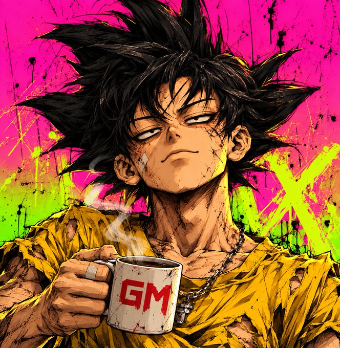 An anime-style illustration of a spiky-haired Goku character with battle damage, holding a white mug with red 'GM' text, set against a vibrant pink and neon green splatter background.
