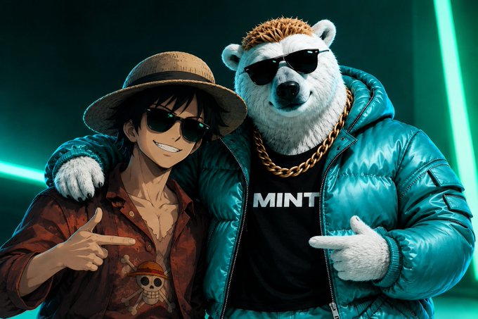 An anime-style illustration of a character wearing a straw hat, sunglasses, and a skull shirt, posing alongside an anthropomorphic polar bear wearing sunglasses, a gold chain, and a teal puffer jacket with "MINT" written on the shirt.