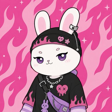 The image features a cartoon rabbit wearing a black shirt with pink stars and a purple heart-shaped necklace. The rabbit has a black hat, and there are two small teddy bears attached to its back. The background of the image is a vibrant pink color with flames in the top left corner. The caption below the image reads: "Doing a quick GTD + FCFS giveaway for @BunzyETH".