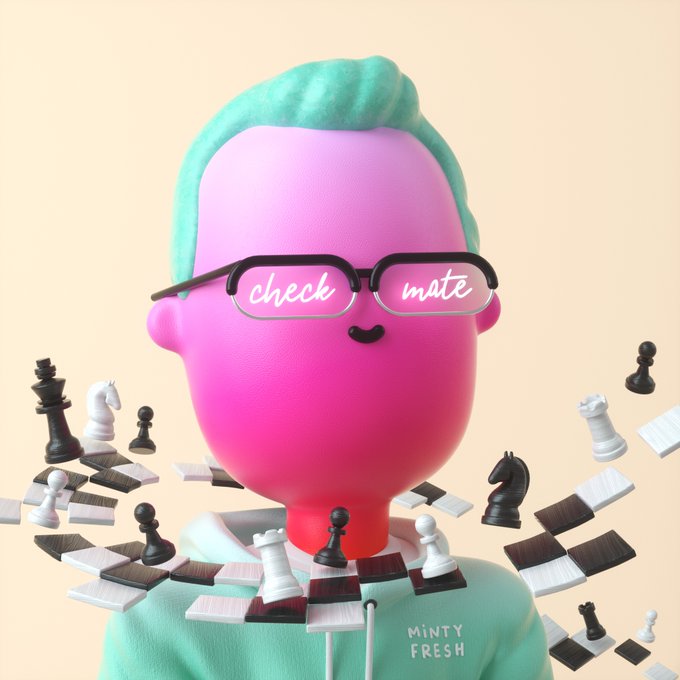 A 3D-rendered pink character with teal hair wears glasses reflecting the words 'check mate,' surrounded by scattered chess pieces and board squares, wearing a shirt that says 'MINTY FRESH.'