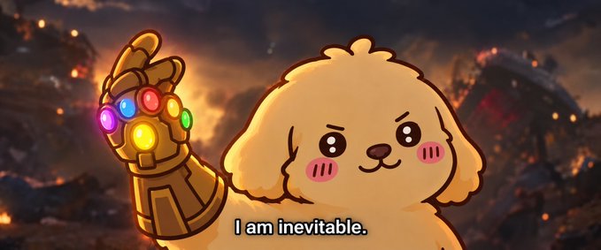 A cartoon yellow puppy wearing the Infinity Gauntlet with all six colored stones, set against a battle-scarred landscape with the caption 'I am inevitable.'