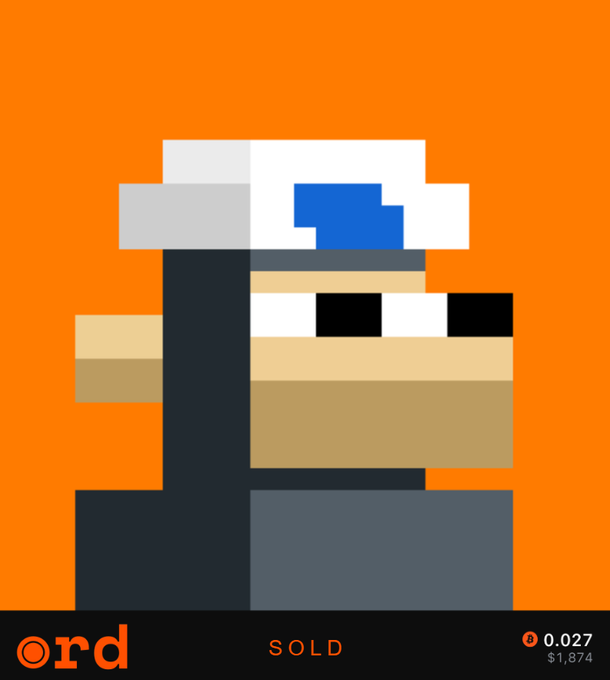 A pixel art portrait of a monkey wearing a blue-and-white cap against an orange background, displayed on what appears to be an Ordinals NFT marketplace with "ord" logo and a "SOLD" status showing a price of 0.027 ($1,874). The stylized monkey imagery directly relates to the "N◉DEMONKES" reference, representing an NFT collection of pixelated monkeys.