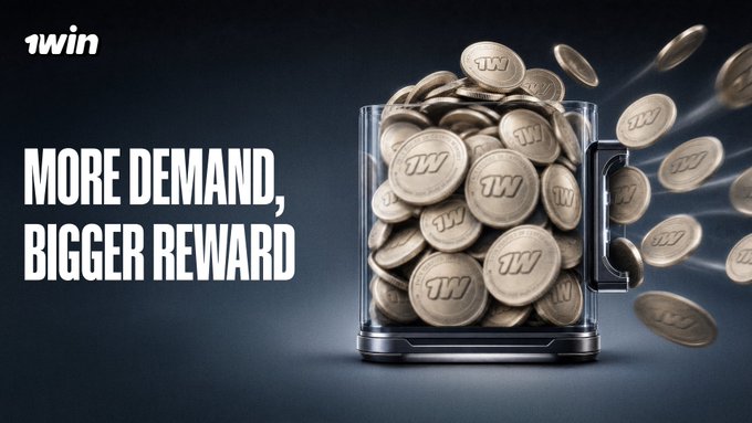 A 1Win promotional image features a glass container overflowing with gold coins marked with the "1W" logo, alongside the bold white text "MORE DEMAND, BIGGER REWARD" against a dark background.

The image visually reinforces the post's message: an overflowing cup of tokens represents what happens when demand exceeds supply, making the "bigger reward" the natural consequence of token sales that sell out under pressure rather than those that undersell with no competition for allocation.