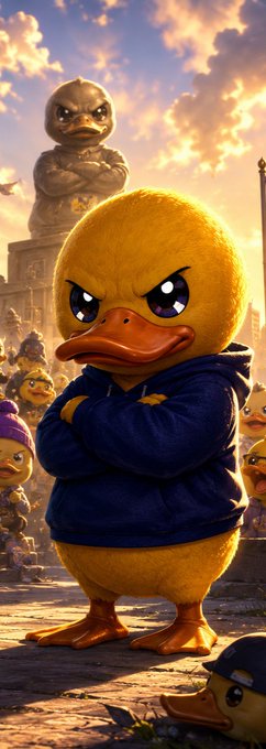 An animated illustration depicts a stern-looking yellow duck wearing a dark hoodie, standing in front of a stone duck statue with other smaller ducks in the background.
