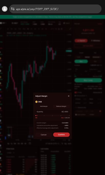 A blurred trading chart background shows an "Adjust Margin" modal on Alpix.io, where a user is adding 10 USDT margin to a BNB long position (1% quantity, 1,000.09 max, current margin 3.00 USD, liquidation price +900, effective leverage 0.18x), confirming their decision to double down on a previously struggling long.